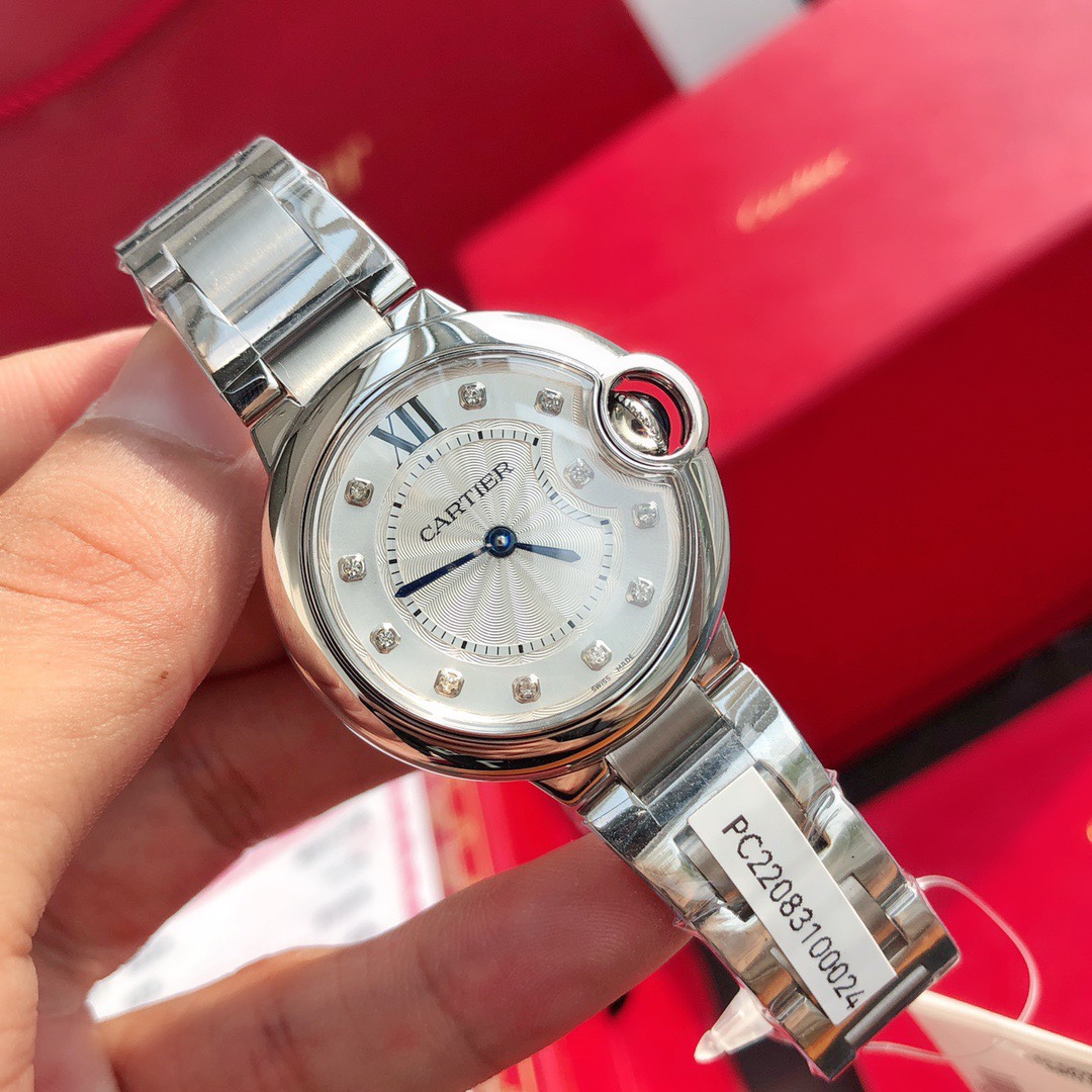 까르띠에 발롱 브루 드 오토매틱 스테인리스 스틸 다이아몬드 33mm 시계 W4BB0021