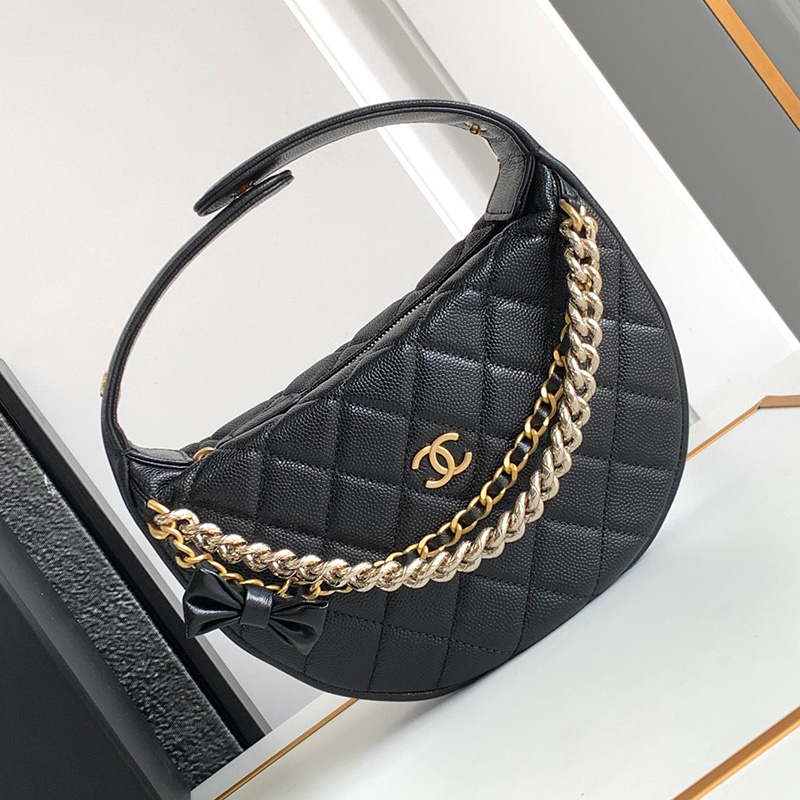 샤넬 24SS 탑핸들 라운드 파우치 호보백 케이스 리본 체인 장식 캐비어 2칼라 AP3943