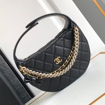 샤넬 24SS 탑핸들 라운드 파우치 호보백 케이스 리본 체인 장식 캐비어 2칼라 AP3943