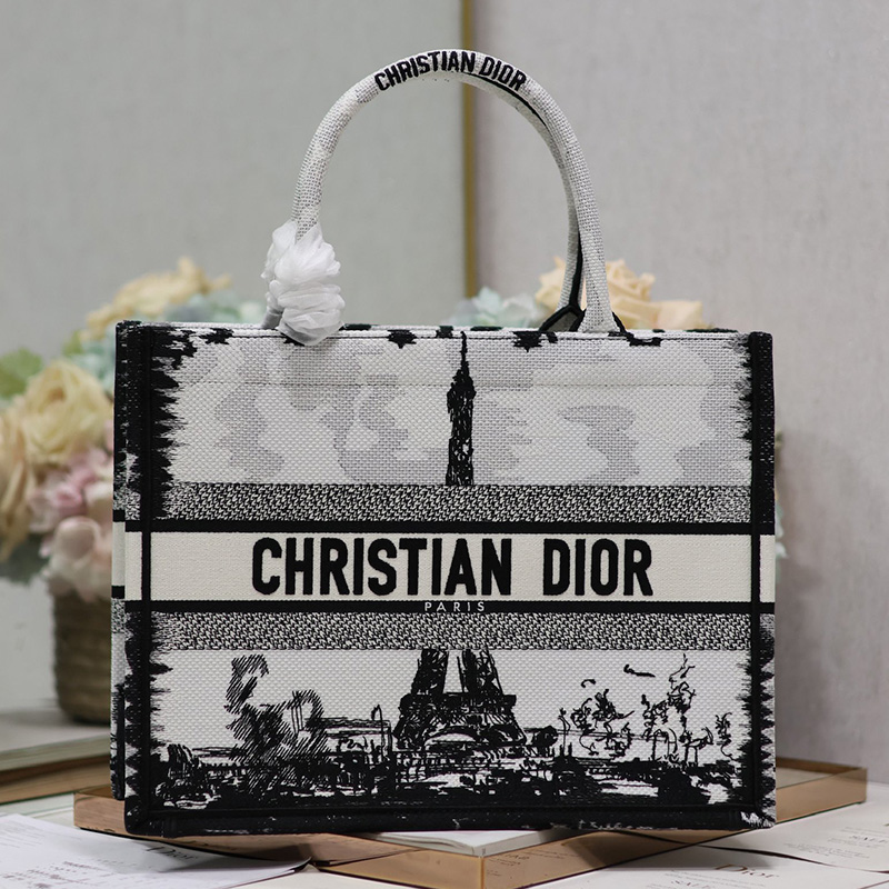 디올 북 토트 백 미듐 파리 화이트 블랙 M1296ZEGG_M933
