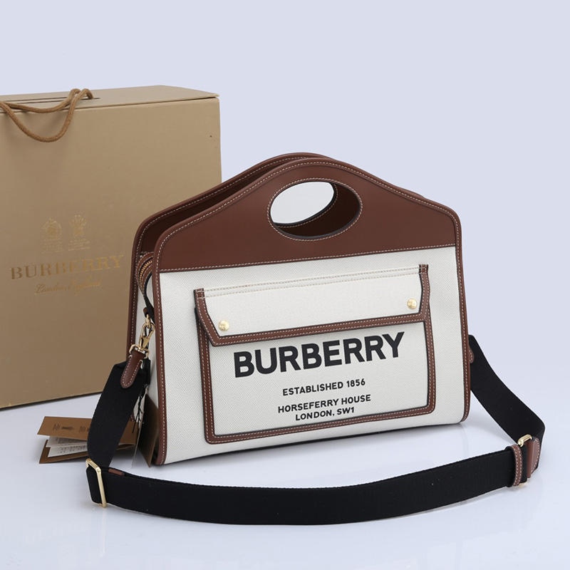 버버리 BURBERRY 투톤 캔버스 레더 스몰 포켓 토트 80367841