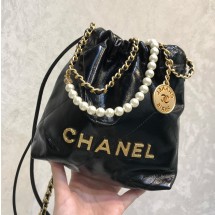 샤넬 22 미니 핸드백 샤이니 크럼플드 카프스킨 크리스탈 펄 & 골드 메탈 블랙 AS3980-B10672