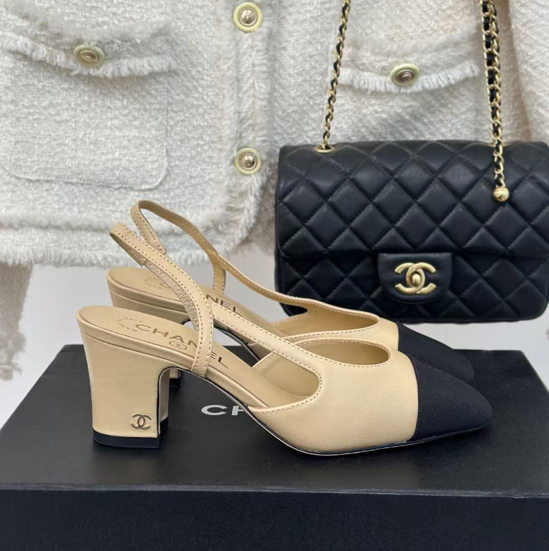 샤넬 여성 투톤 고트스킨 슬링백 미들힐 베이지 블랙 G31318