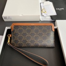 셀린느 트리옹프 롱 스트랩 캔버스 카프스킨 클러치 백 탄 파우치 탠 10K672ECM