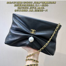 샤넬 25SS 진주 체인 미니백 CC로고 셔링 리본 클러치백 블랙 램스킨 AP4613