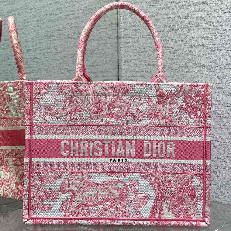 디올 북 토트 백 미듐 뜨왈 드 주이 소바쥬 화이트 야로 핑크 M1296ZTDT_M59I