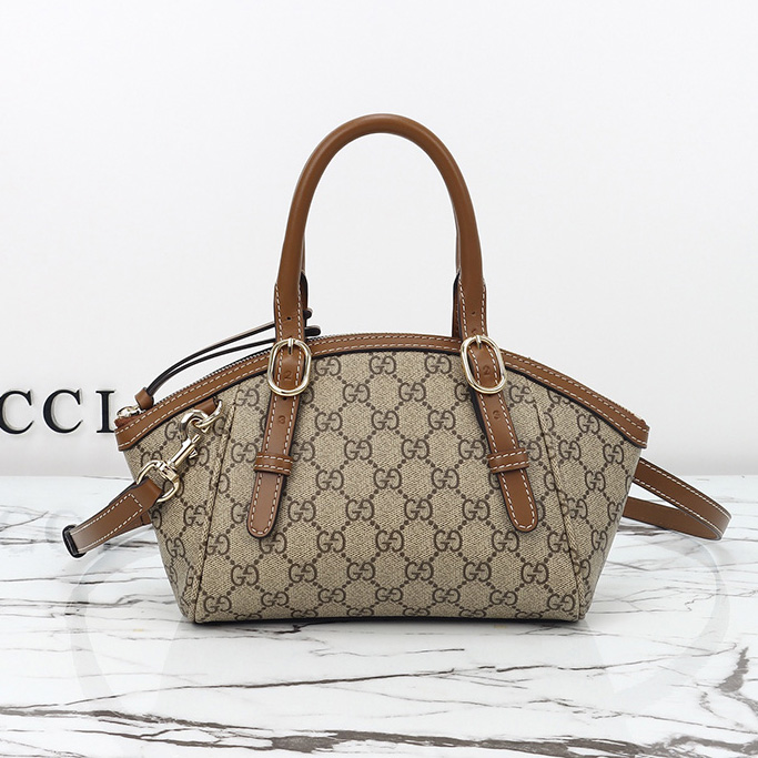 구찌 GG 엠블럼 스몰 탑 핸들 핸드백 베이지 브라운 패브릭 839005