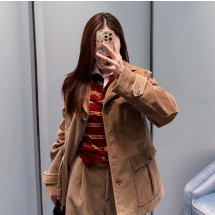 미우미우 코듀로이와 가죽 소재의 스트레이트 재킷 MH2037   Y