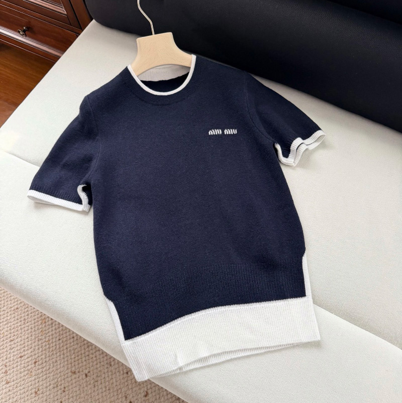 미우미우 여성 로고 캐시미어 울 반팔 니트 MMLA56  H