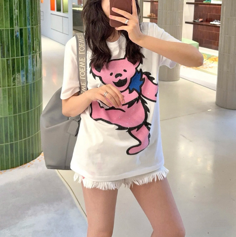 로에베 코튼 와이드 크리스털 장식 댄스베어 라운드 반팔 티셔츠 H