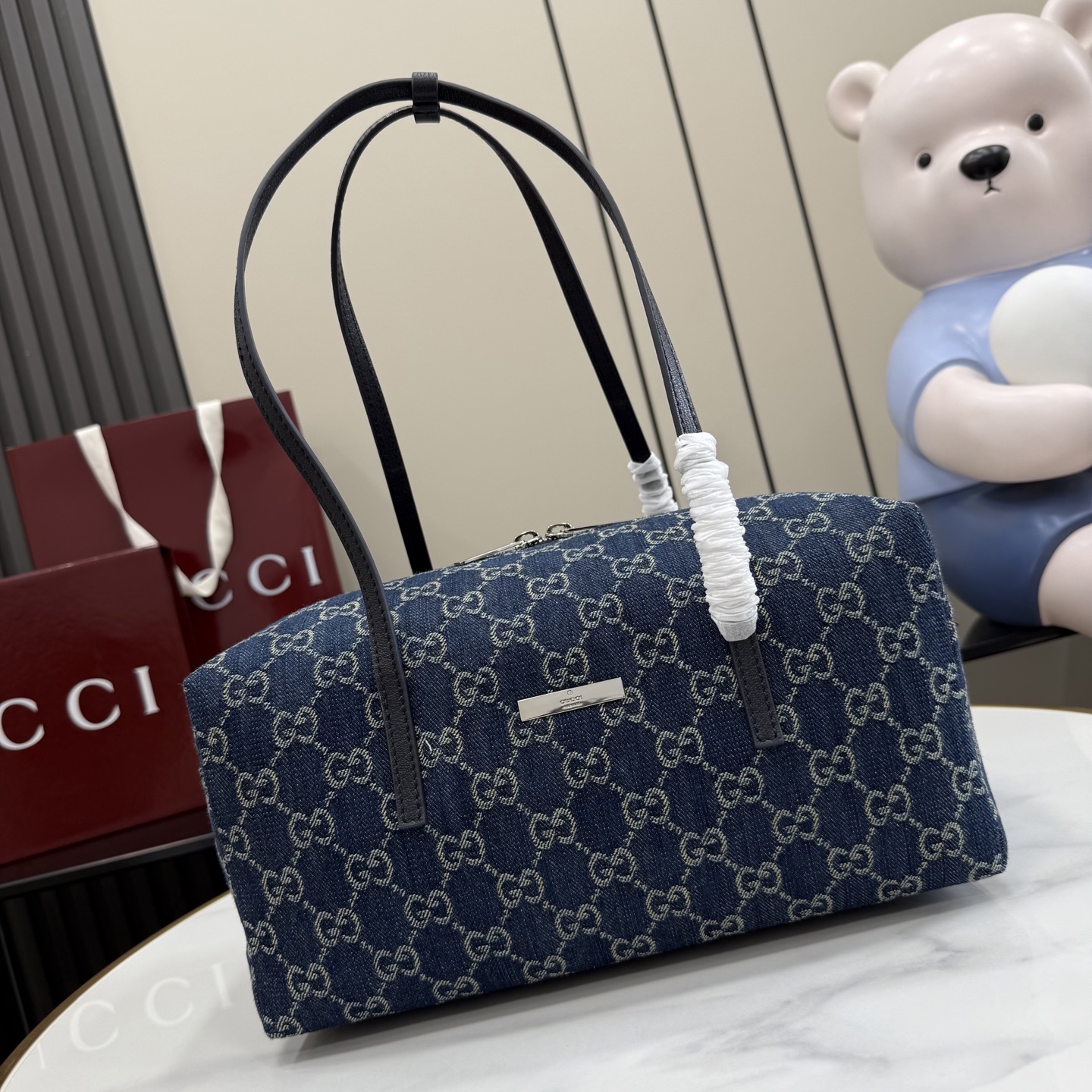구찌 플라크 미디움 보스턴 백 다크 블루 875228