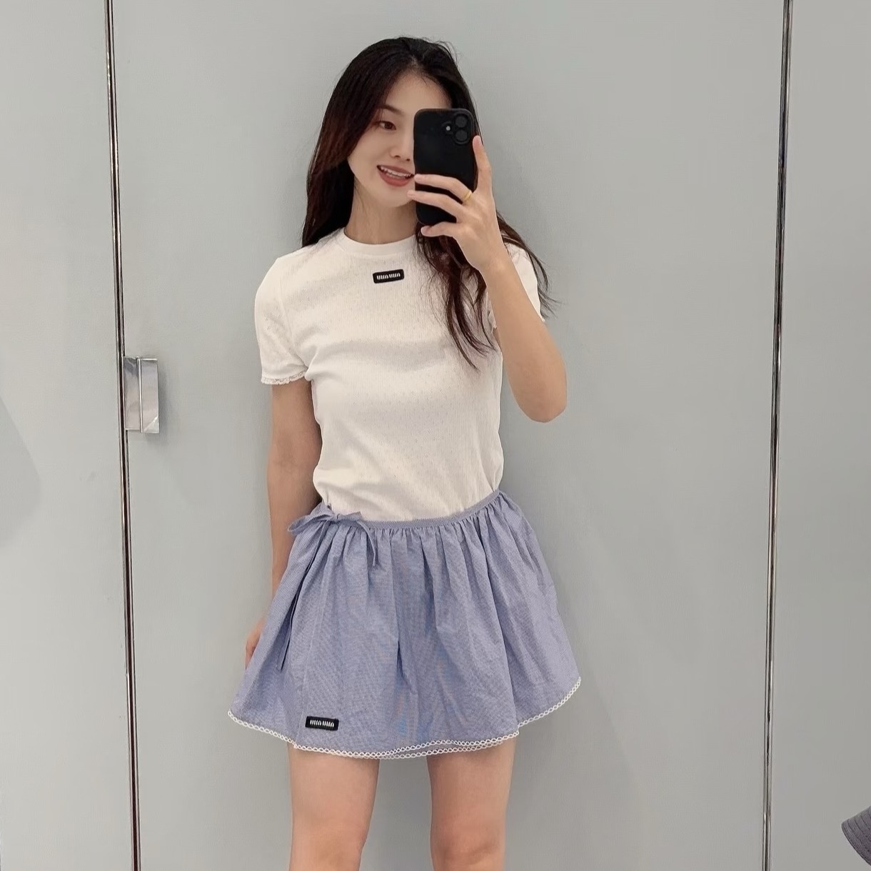 미우미우 레이스 트림 리브 크루넥 탑 MJN580  Y