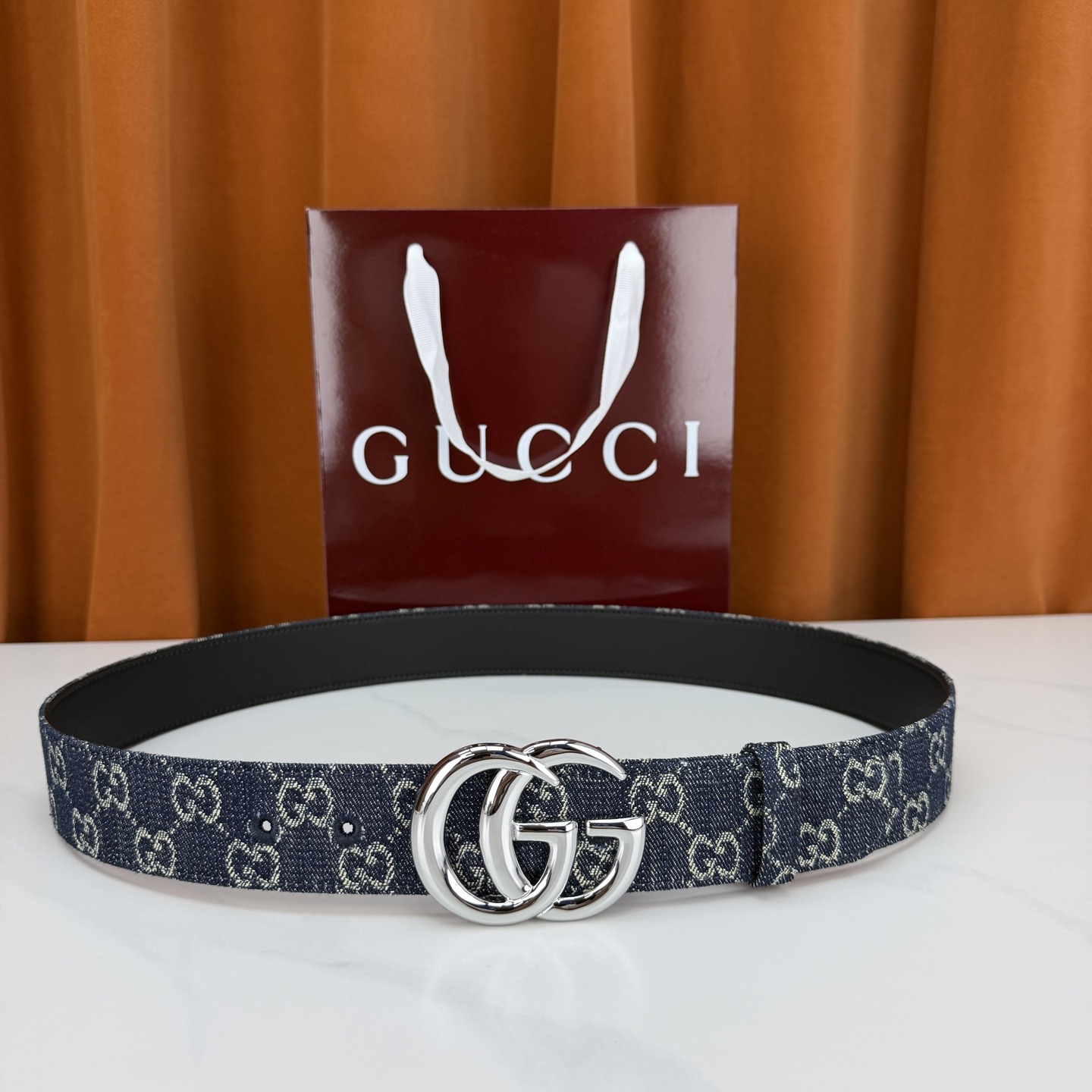 구찌 GG 마몽트 벨트 다크 블루 데님 4.0CM 은장 863293FAGAB4521