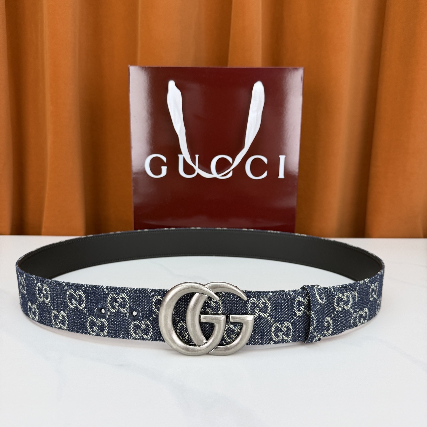 구찌 GG 마몽트 벨트 다크 블루 데님 4.0CM 무광 은장 863293FAGAB4521