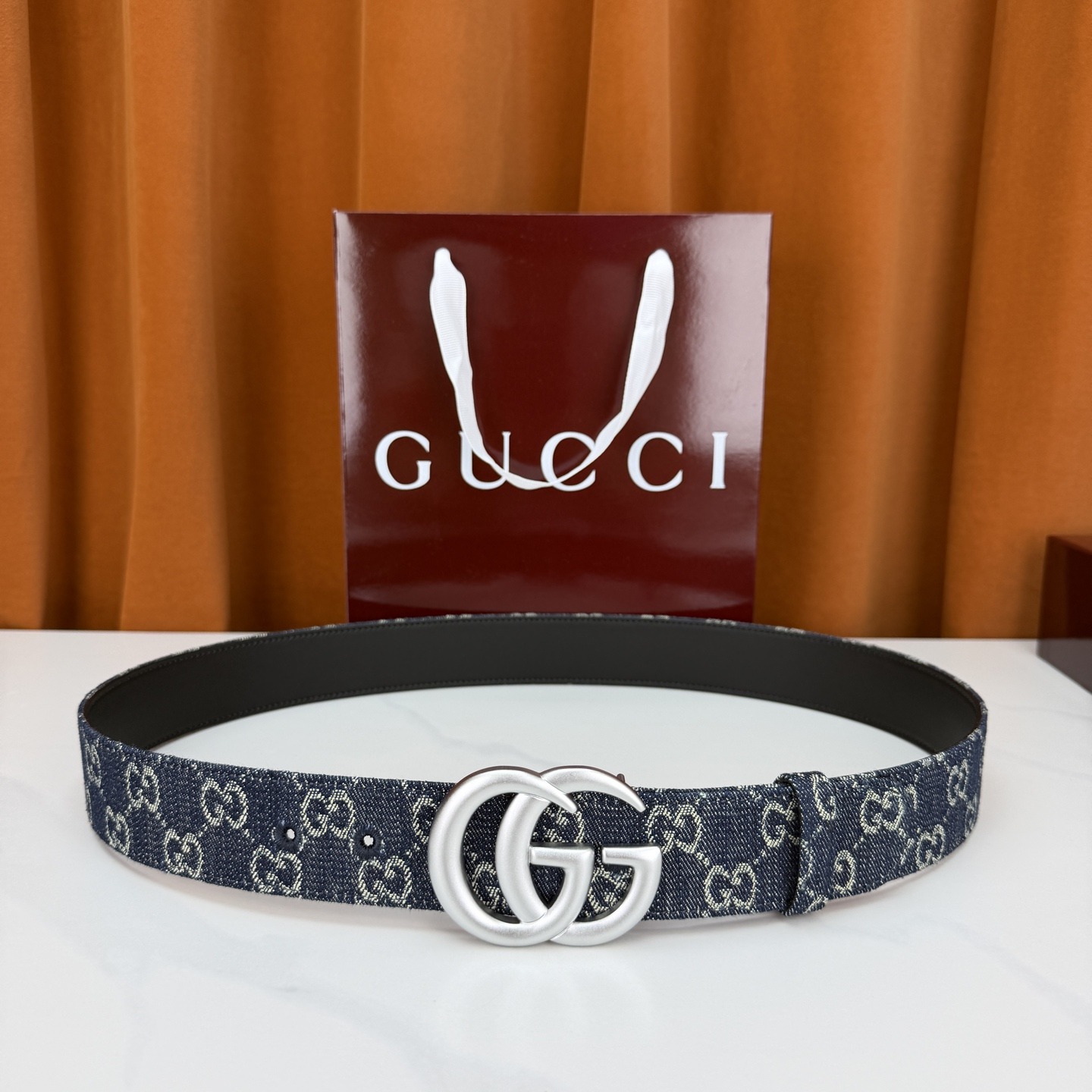 구찌 GG 마몽트 벨트 다크 블루 데님 4.0CM 무광 은장 863293FAGAB4521